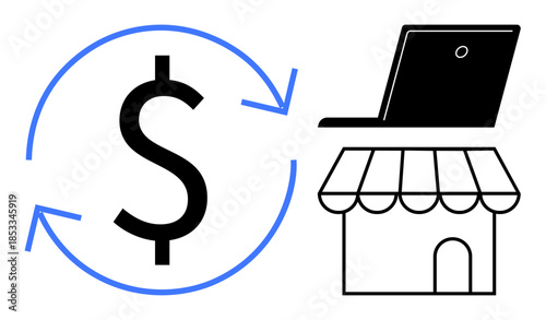E-commerce, online transactions, digital payment, retail, business growth, financial technology. Dollar sign with arrows, laptop and store illustration. E-commerce and online transactions symbol