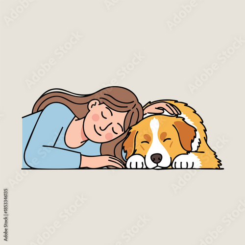 A girl lies on the ground with her hand on a sleeping dog's head.