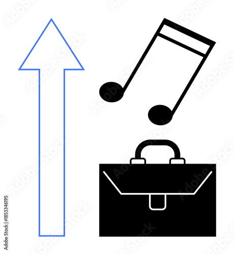 Career development, music industry, business success, creative growth, entrepreneurship, upward potential. Blue upward arrow, musical note and briefcase icons. Career growth and music industry