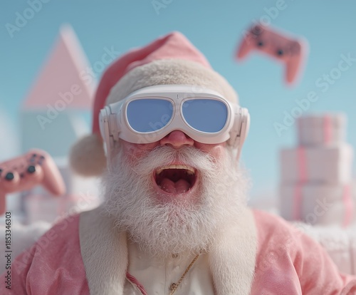 Santa enjoys virtual reality with gaming controllers and presents around him during the holiday season