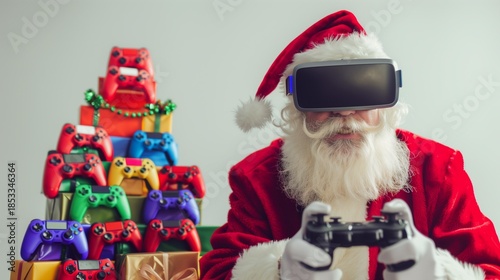 Santa plays video games with VR headset in front of colorful game controllers and presents