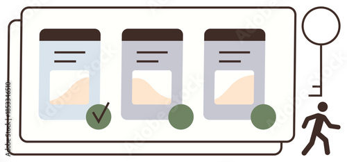 Three aligned cards with graphs and options, checkbox, walking figure, and key visuals. Ideal for decision-making, planning, options evaluation, productivity, prioritization workflow design success