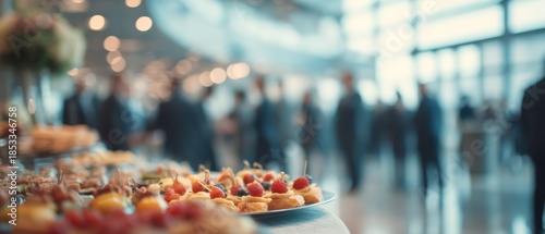 Buffet food display with blurry background of people during event indoors