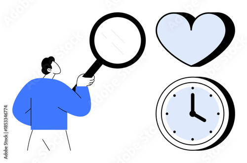 Exploration, time management, relationships, priorities, productivity, introspection. A man holds a magnifying glass near a heart and clock. Exploration and time management concept