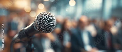 Close up of a microphone in front of a blurred audience at a presentation