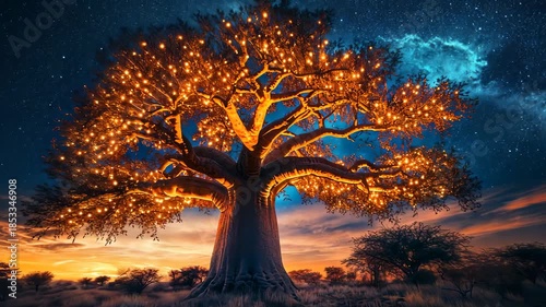 Majestic Baobab Tree Under a Starry Sky - A Nighttime Fantasy.