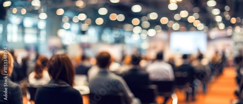 Blurred view of a crowd attending an indoor conference or presentation event