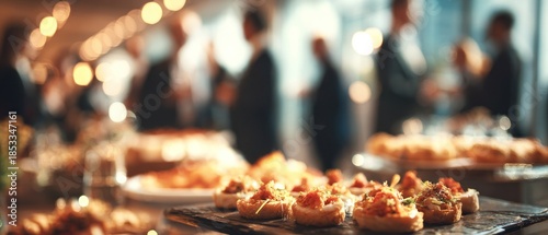 Buffet food with appetizers and blurry background of people during social gathering