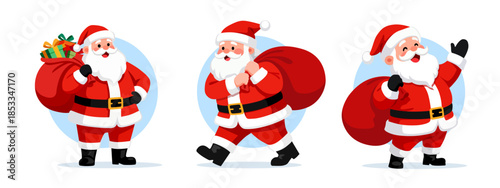 Vector cartoon illustration features three Santas character with white beards, rosy cheeks, and cheerful expressions in different poses wearing traditional red suits