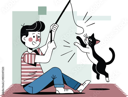 A boy playfully teases a black and white cat with a fishing rod indoors.