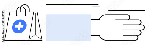 Helping hand extended alongside a bag with a medical cross. Ideal for healthcare, assistance, charity, aid, wellness, medical support, and shopping concepts. Minimalist flat metaphor