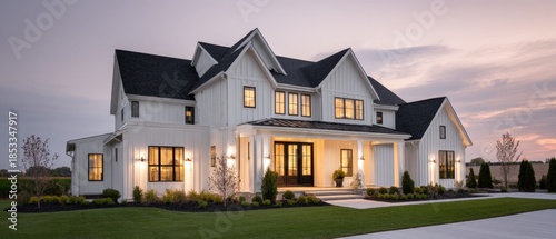 Modern white house exterior with black roof and landscaping at dusk