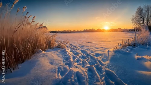Winter Wonderland - Footprints in Snow at Sunrise.