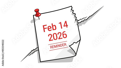 February 14 2026 Valentine Day Reminder Note with Red Pushpin on White