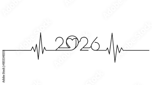 Minimalist Single Line Drawing of 2026 with Heartbeat Pulse and Heart