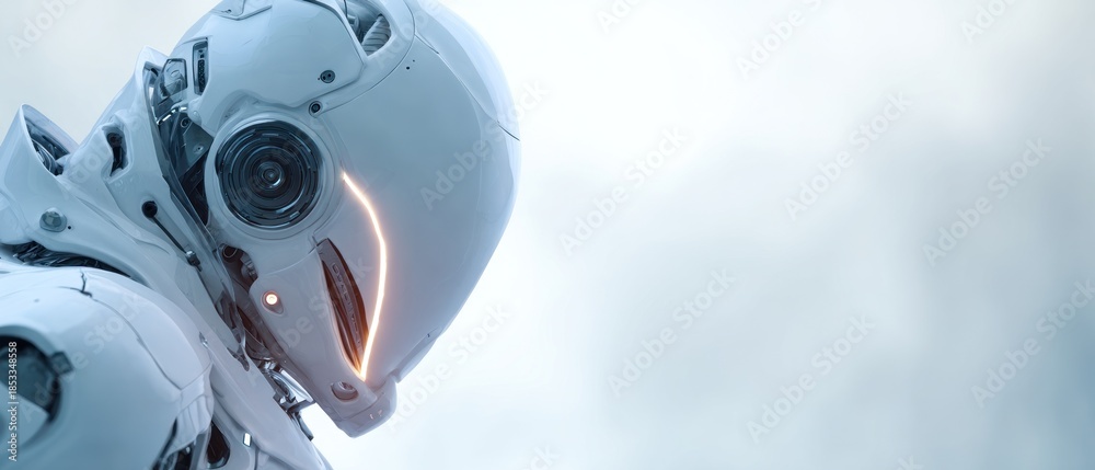 Fototapeta premium Futuristic robot head close up against bright background with glowing accents