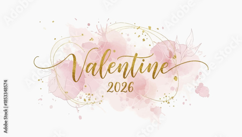 Happy Valentine's Day 2026 Elegant Gold Calligraphy on Pink Watercolor Background