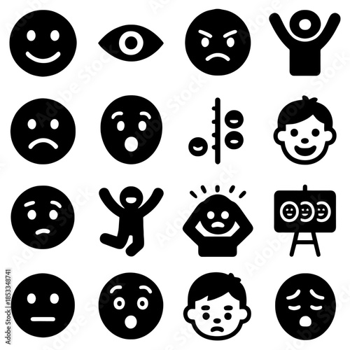 Emotional Array: A collection of various icons expressing range of emotions, from joy to sadness and everything in between, designed to convey diverse feeling.