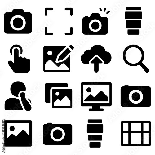 Photography Icons Set: A collection of various icons representing photography elements. Including camera, image and zoom in/out etc.