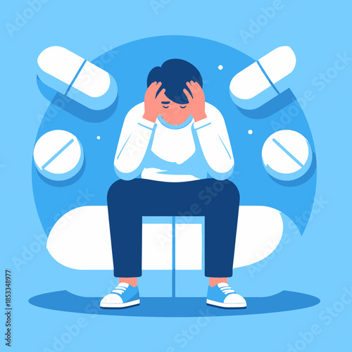 A person sitting with their head in their hands, surrounded by large pills, illustrating mental health struggles and medication.