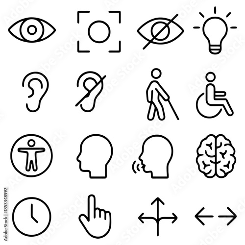 Visual Impairment Awareness: A series of symbolic icons representing various impairments, including vision, hearing, and mobility