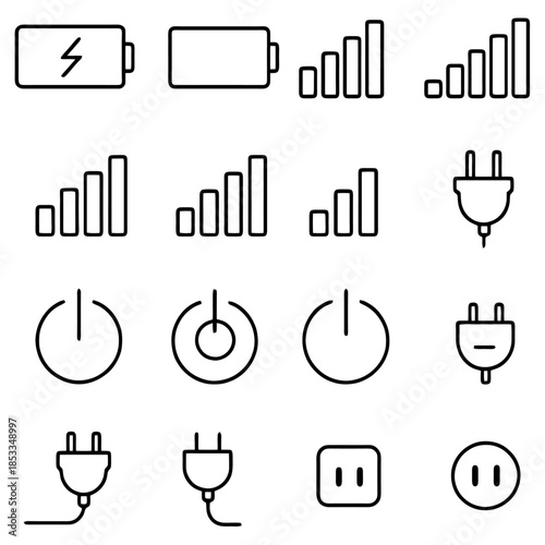 Power Icon Collection: A meticulously curated set of clean, minimalist line icons related to power, battery, and electrical energy.
