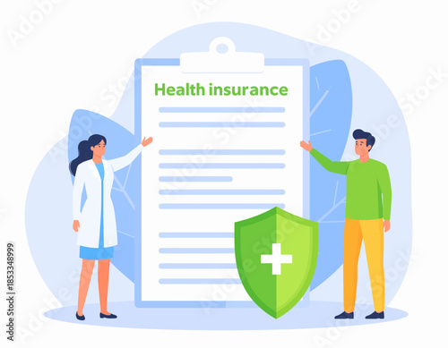 Two people, a doctor and a patient, stand next to a large document titled 'Health Insurance', with a shield displaying a green cross in front of it.