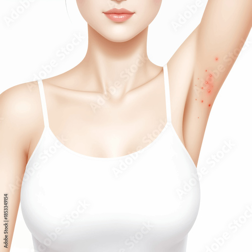 Close-up illustration of a woman's armpit showing red bumps and irritation, likely representing a skin condition or rash.