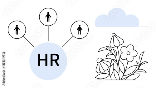 Collaboration, teamwork, human capital, networking, growth, management. HR connected to people icons and flowers. Collaboration and teamwork with HR ties and floral growth