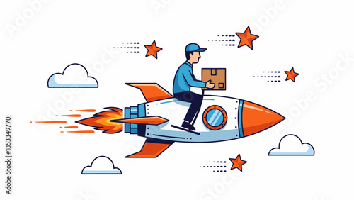 Dynamic express delivery illustration a cheerful courier on a flying rocket, symbolizing rapid e-commerce shipping solutions