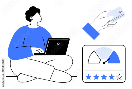 Online payment concept. Online payment equipment thumbs up laptops and credit cards assists with credit score improvement. Online payment is key for finance, banking, e-commerce, and ratings. include