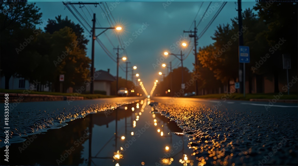 Naklejka premium Night Street with Puddle Reflection