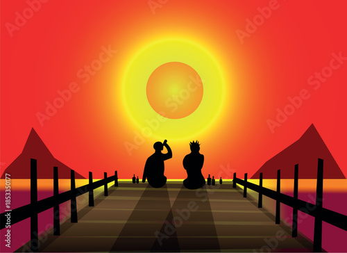 Two Friends Sitting on Pier at Sunset Drinking Beer, Flat Vector Illustration