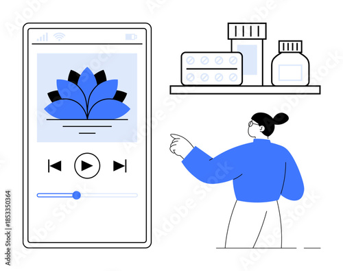 Meditation, digital wellness, telehealth, mobile apps, self-care, mindfulness. Woman pointing at a phone screen with a meditation app next to shelves of medicine bottles. Wellness and digital health