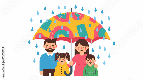 Happy family enjoying rainy weather under a colorful umbrella, symbolizing protection and care