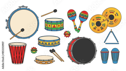 Diverse Collection of Musical Percussion Instruments Drums, Maracas, Cymbals and More