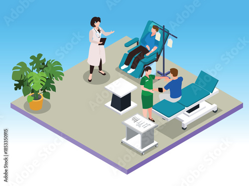 Isometric Medical Clinic with Doctors Treating Patients and Blood Donation Center 3d vector illustration