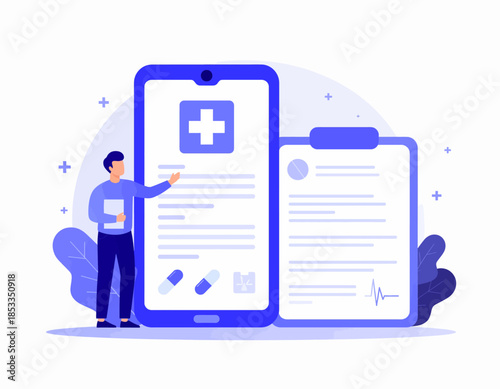 Man interacting with a digital health record on a smartphone screen next to a clipboard with medical information.