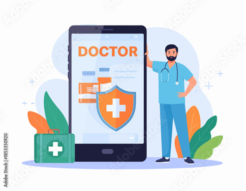 Doctor standing next to a large smartphone displaying a medical shield and cross, with a first aid kit nearby.
