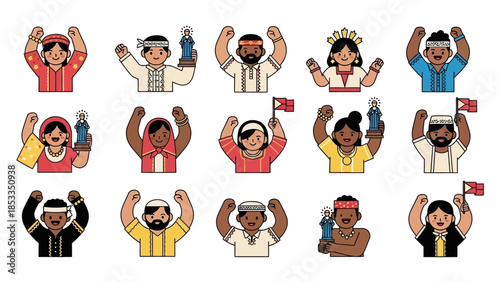 Diverse Group of People Celebrating with Upraised Arms and Flags, Vector Illustration