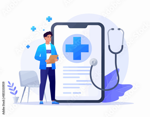A doctor stands next to a large smartphone displaying a medical cross, symbolizing telemedicine and digital healthcare services.