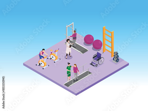 Isometric Physical Therapy and Rehabilitation Center with Patients and Medical Staff 3d vector illustration