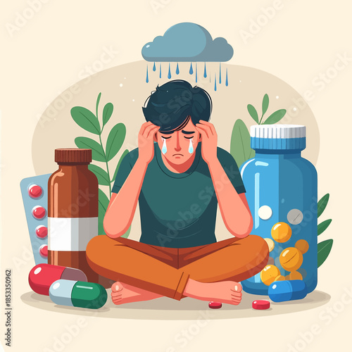 A person sits in distress, surrounded by various medications and pills, under a rain cloud symbolizing sadness and mental health struggles.