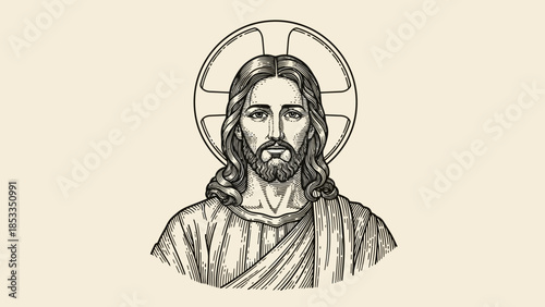 Hand-drawn illustration of Jesus Christ with a halo depicting a serene and spiritual presence.