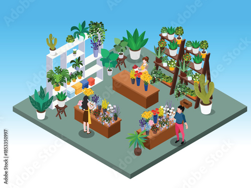 Isometric Flower Shop with Florists Arranging Bouquets and Indoor Potted Plants 3d vector illustration