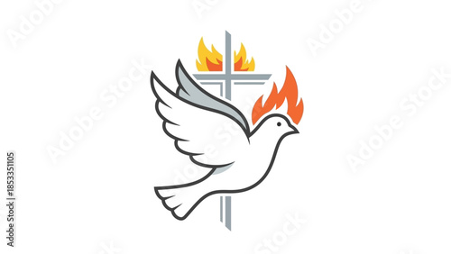 Holy Spirit dove with cross and flames religious symbol.