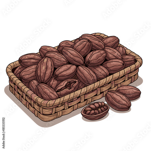 Cocoa Beans in Wicker Basket Illustration with Open Bean Showing Nibs