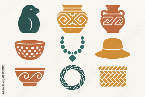 Ecuadorian Handicraft Icon Set with Tagua Carvings, Woven Baskets, Pottery, Andean Beads and Straw Hats in Vector