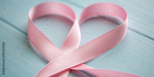 Two pink ribbons formed into a heart shape on a light blue background.
