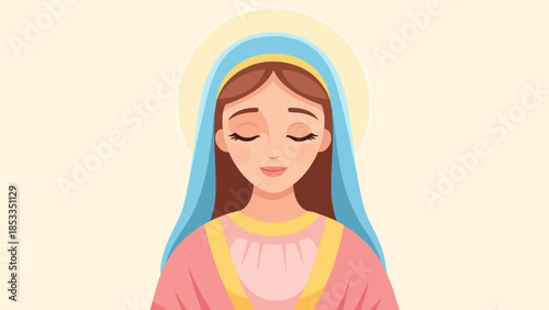 Illustration of a serene woman with closed eyes wearing a blue veil and pink robe.